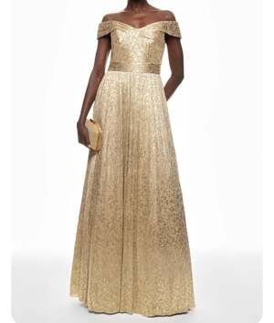 Aidan Mattox Metallic Off-The-Shoulder Foiled Pleated Gown in Gold